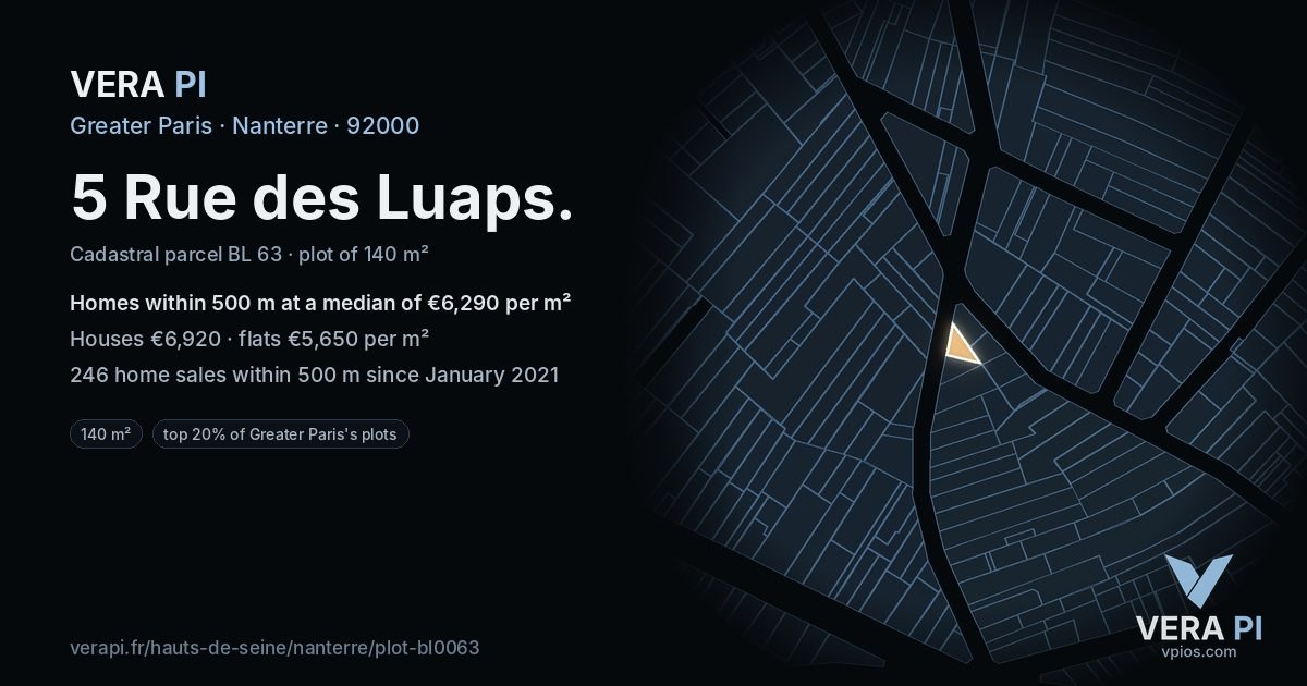 5 Rue des Luaps, Nanterre at night – the plot lit, the parcels around coloured by the prices near them