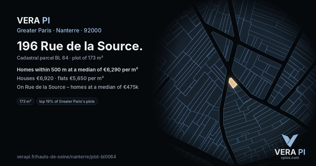 196 Rue de la Source, Nanterre at night – the plot lit, the parcels around coloured by the prices near them