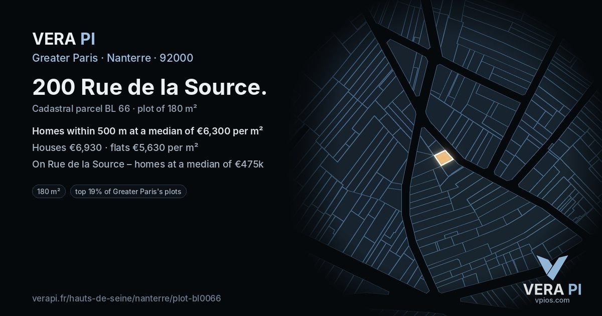 200 Rue de la Source, Nanterre at night – the plot lit, the parcels around coloured by the prices near them