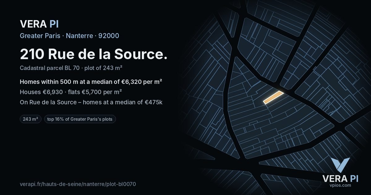 210 Rue de la Source, Nanterre at night – the plot lit, the parcels around coloured by the prices near them