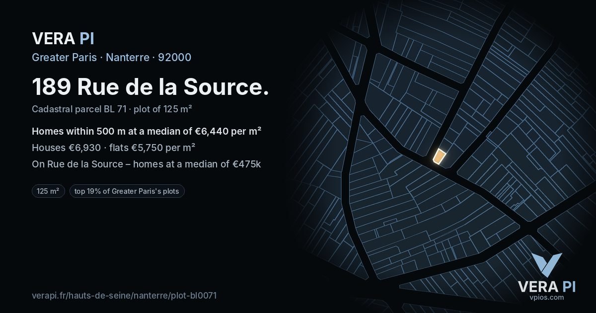 189 Rue de la Source, Nanterre at night – the plot lit, the parcels around coloured by the prices near them