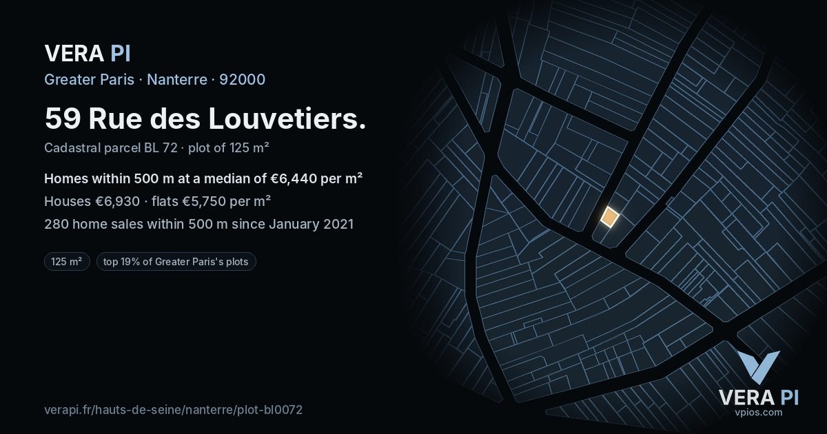 59 Rue des Louvetiers, Nanterre at night – the plot lit, the parcels around coloured by the prices near them