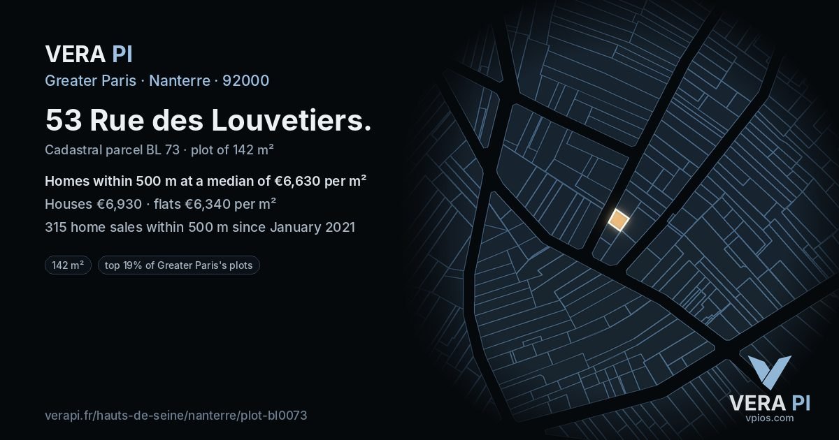 53 Rue des Louvetiers, Nanterre at night – the plot lit, the parcels around coloured by the prices near them