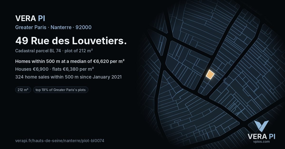 49 Rue des Louvetiers, Nanterre at night – the plot lit, the parcels around coloured by the prices near them