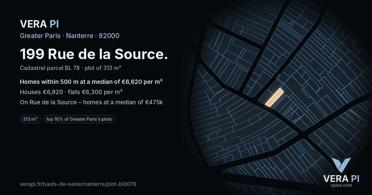 199 Rue de la Source, Nanterre at night – the plot lit, the parcels around coloured by the prices near them