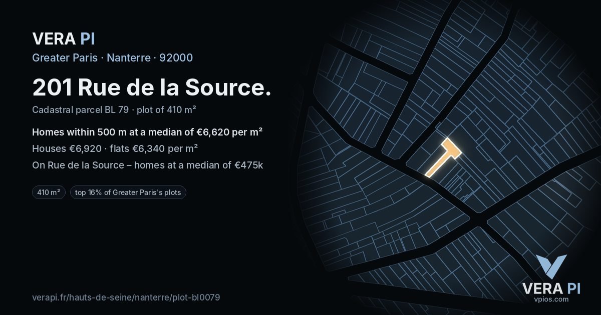 201 Rue de la Source, Nanterre at night – the plot lit, the parcels around coloured by the prices near them