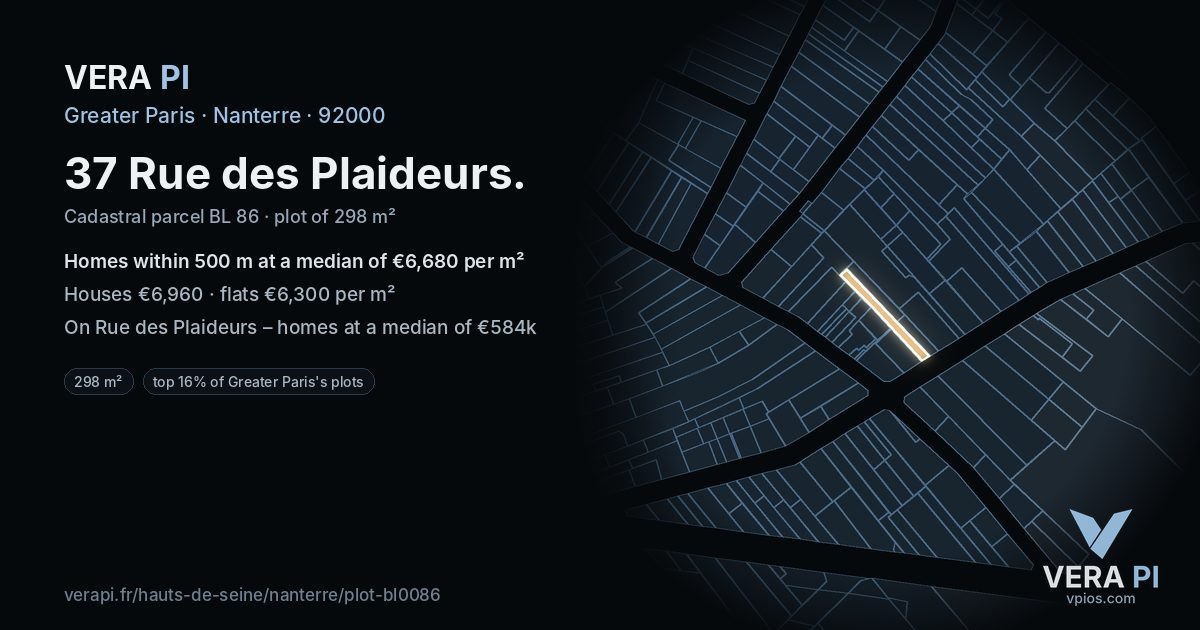 37 Rue des Plaideurs, Nanterre at night – the plot lit, the parcels around coloured by the prices near them