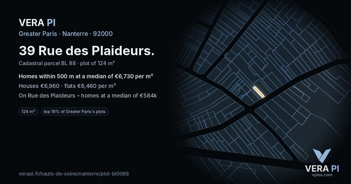 39 Rue des Plaideurs, Nanterre at night – the plot lit, the parcels around coloured by the prices near them
