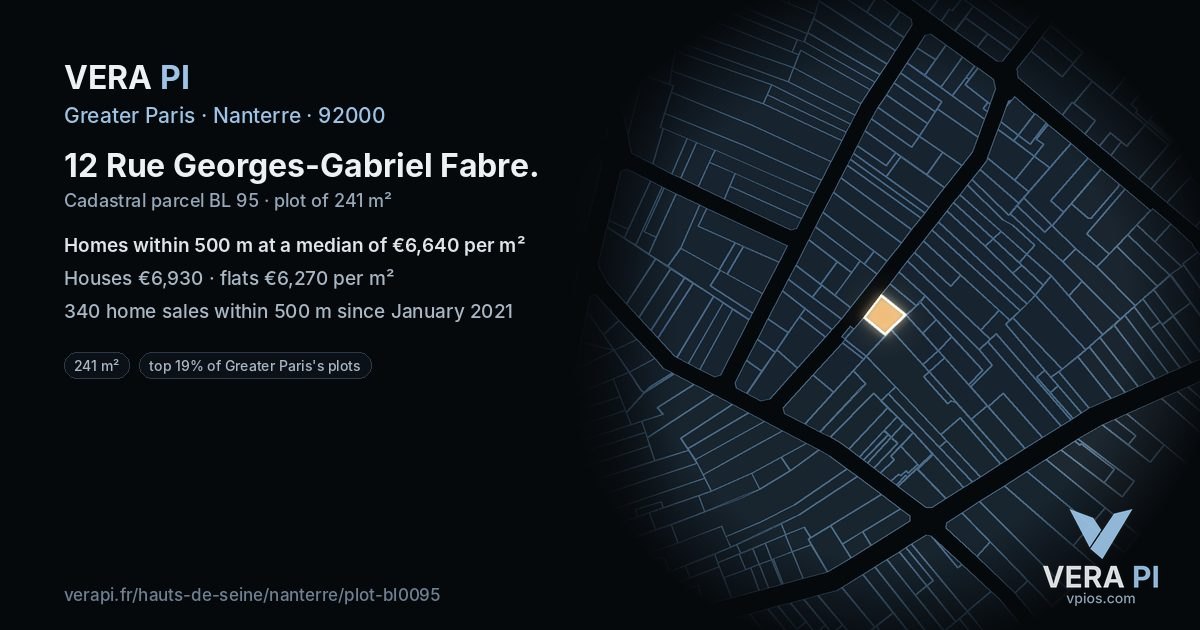 12 Rue Georges-Gabriel Fabre, Nanterre at night – the plot lit, the parcels around coloured by the prices near them