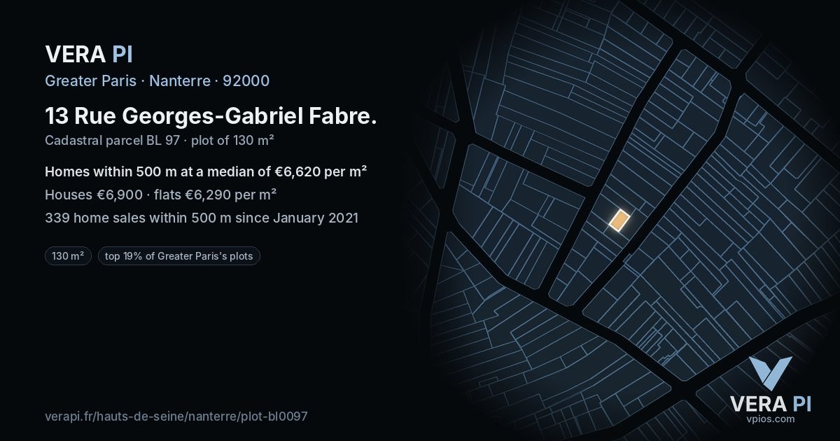 13 Rue Georges-Gabriel Fabre, Nanterre at night – the plot lit, the parcels around coloured by the prices near them