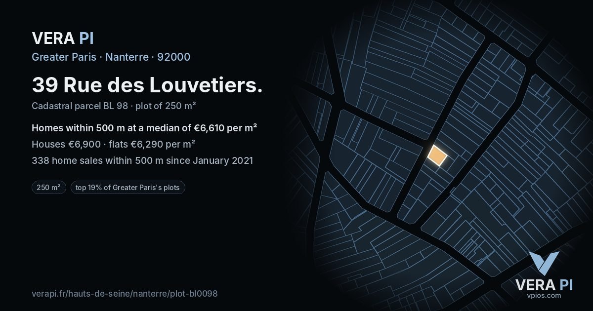 39 Rue des Louvetiers, Nanterre at night – the plot lit, the parcels around coloured by the prices near them