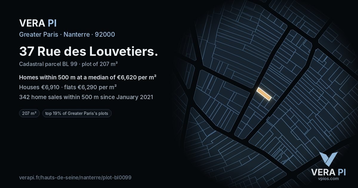 37 Rue des Louvetiers, Nanterre at night – the plot lit, the parcels around coloured by the prices near them