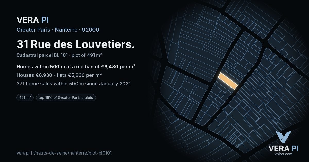 31 Rue des Louvetiers, Nanterre at night – the plot lit, the parcels around coloured by the prices near them