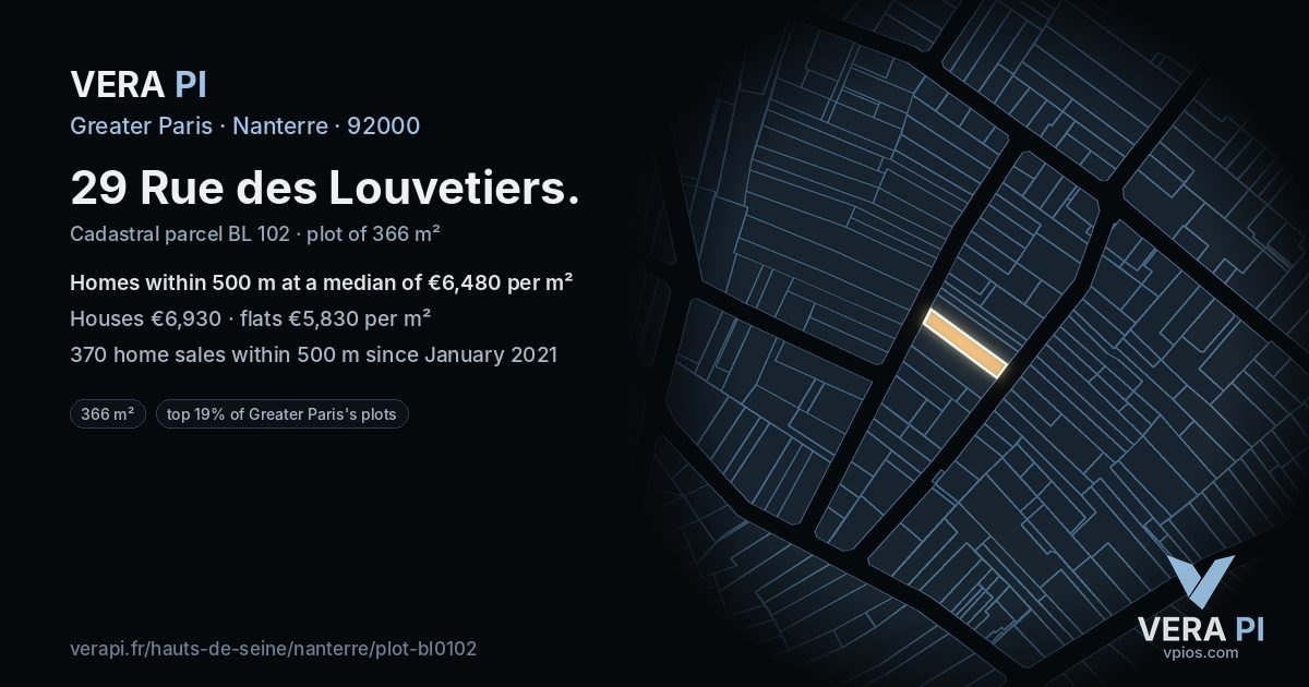 29 Rue des Louvetiers, Nanterre at night – the plot lit, the parcels around coloured by the prices near them