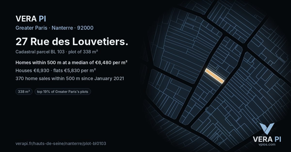 27 Rue des Louvetiers, Nanterre at night – the plot lit, the parcels around coloured by the prices near them