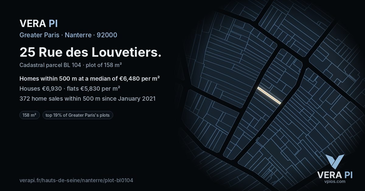 25 Rue des Louvetiers, Nanterre at night – the plot lit, the parcels around coloured by the prices near them
