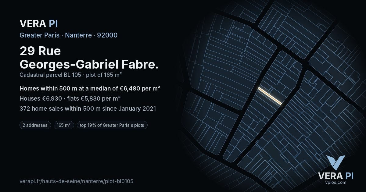 29 Rue Georges-Gabriel Fabre, Nanterre at night – the plot lit, the parcels around coloured by the prices near them