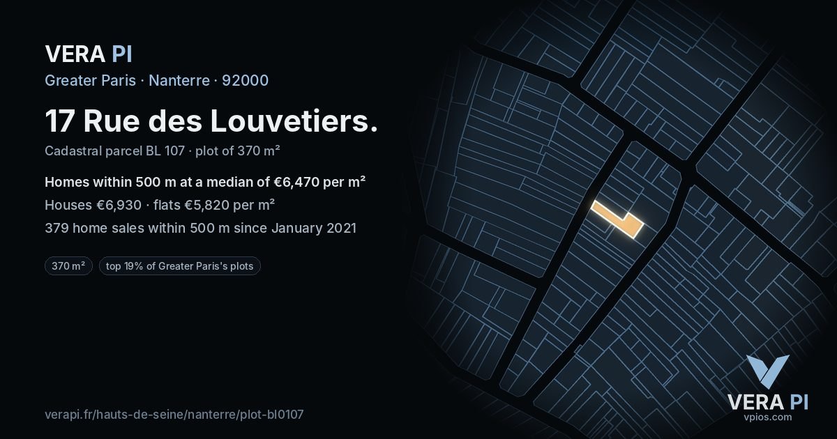 17 Rue des Louvetiers, Nanterre at night – the plot lit, the parcels around coloured by the prices near them