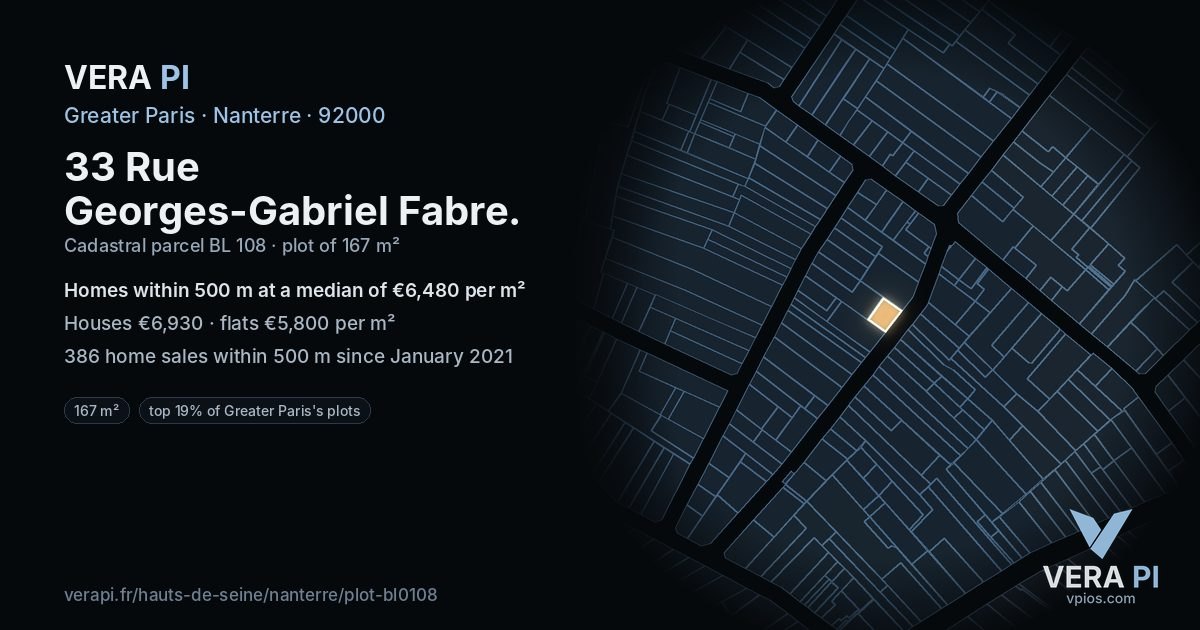 33 Rue Georges-Gabriel Fabre, Nanterre at night – the plot lit, the parcels around coloured by the prices near them