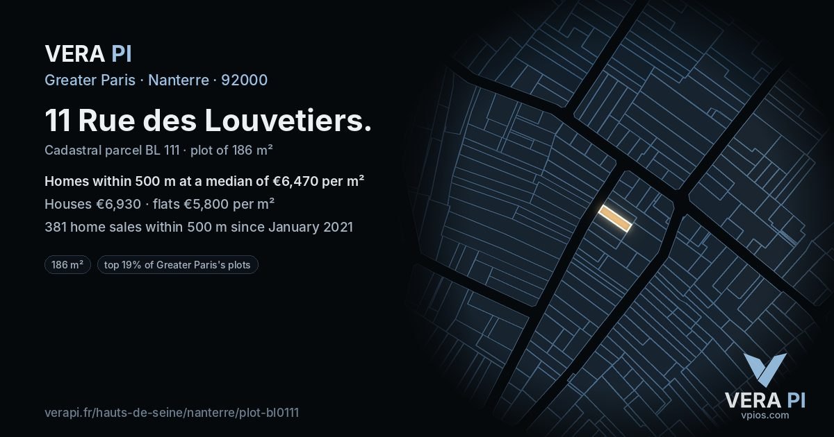 11 Rue des Louvetiers, Nanterre at night – the plot lit, the parcels around coloured by the prices near them