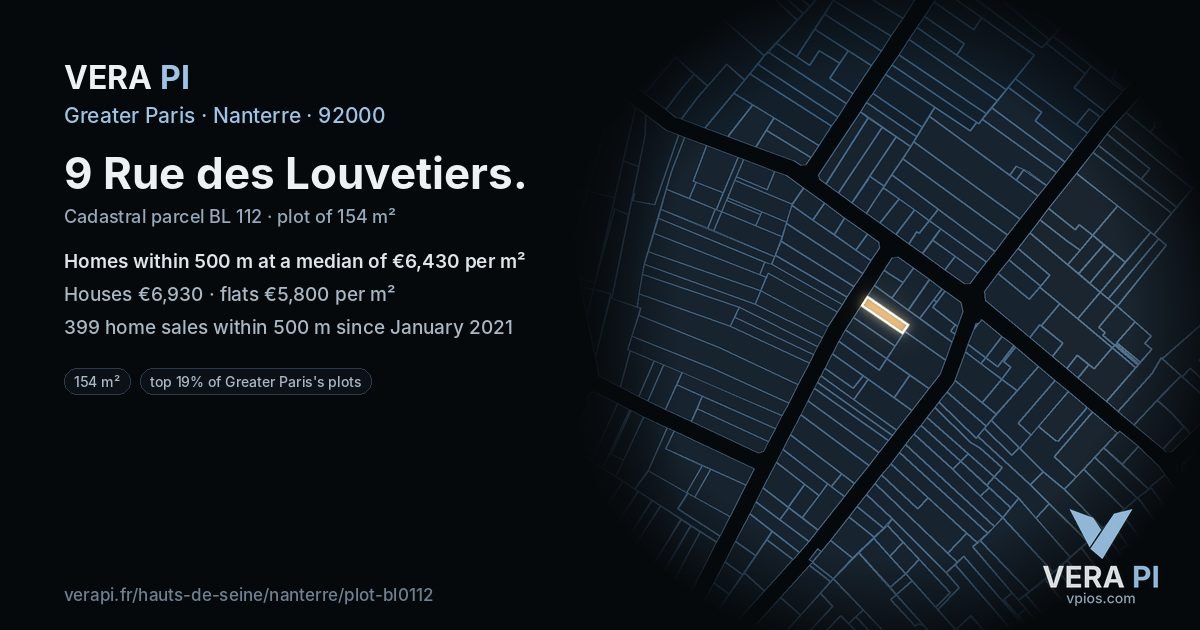 9 Rue des Louvetiers, Nanterre at night – the plot lit, the parcels around coloured by the prices near them