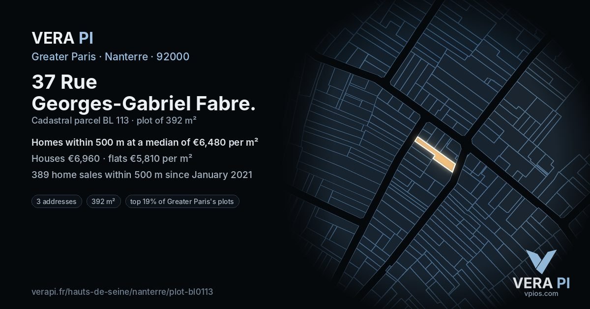 37 Rue Georges-Gabriel Fabre, Nanterre at night – the plot lit, the parcels around coloured by the prices near them