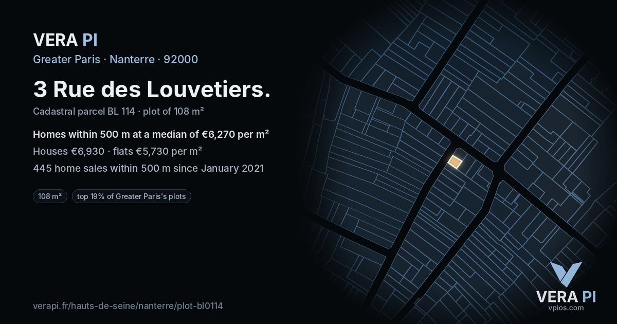 3 Rue des Louvetiers, Nanterre at night – the plot lit, the parcels around coloured by the prices near them
