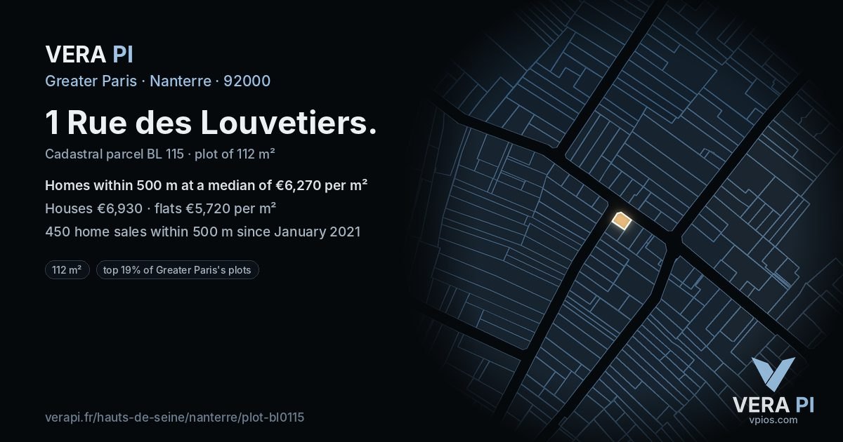 1 Rue des Louvetiers, Nanterre at night – the plot lit, the parcels around coloured by the prices near them