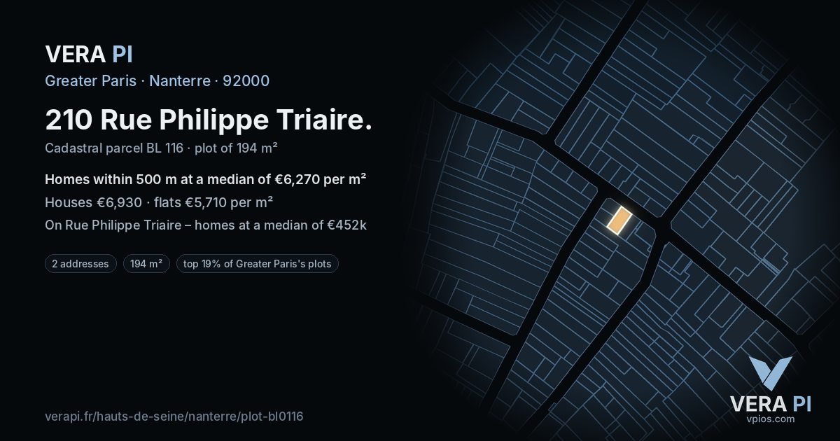 210 Rue Philippe Triaire, Nanterre at night – the plot lit, the parcels around coloured by the prices near them