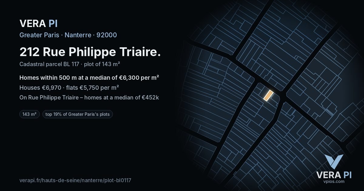 212 Rue Philippe Triaire, Nanterre at night – the plot lit, the parcels around coloured by the prices near them