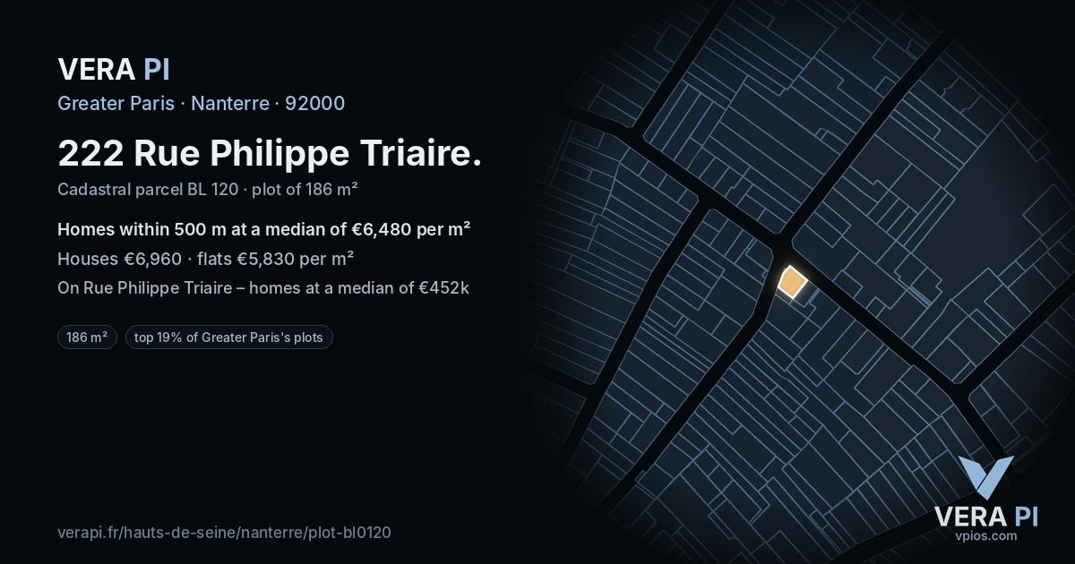 222 Rue Philippe Triaire, Nanterre at night – the plot lit, the parcels around coloured by the prices near them
