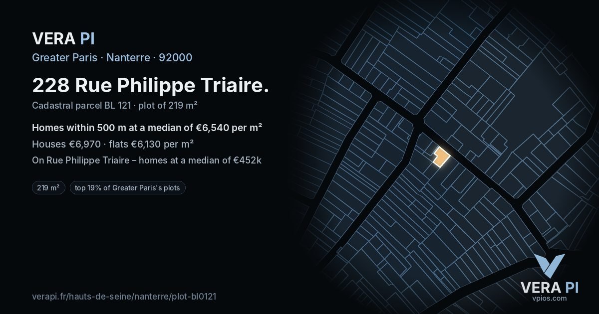 228 Rue Philippe Triaire, Nanterre at night – the plot lit, the parcels around coloured by the prices near them