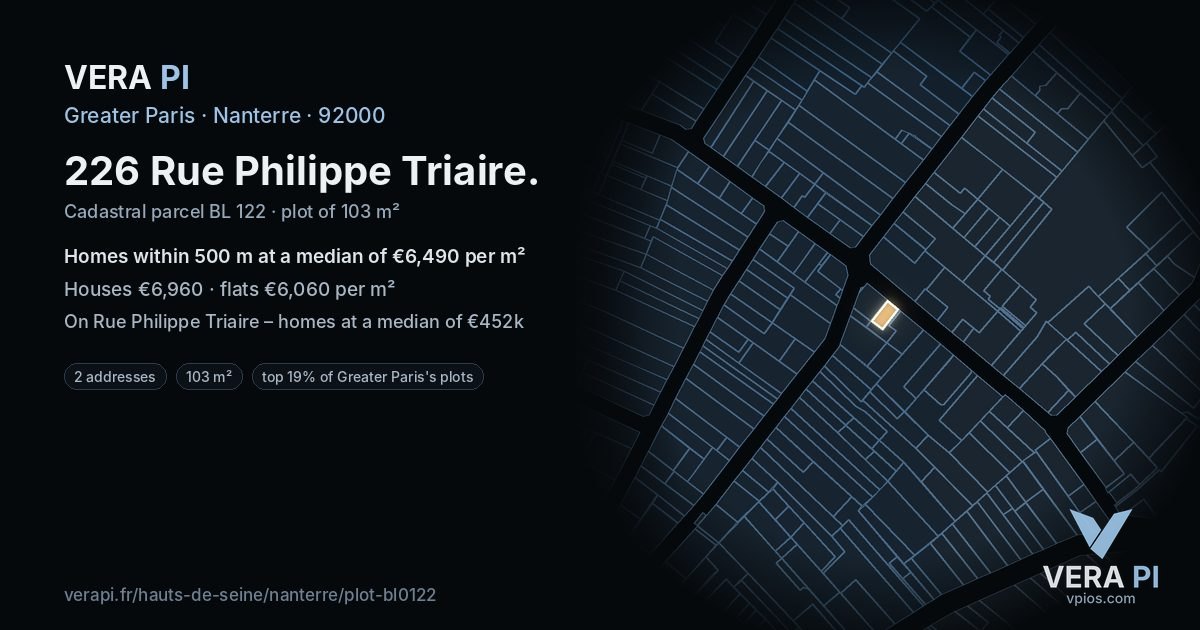 226 Rue Philippe Triaire, Nanterre at night – the plot lit, the parcels around coloured by the prices near them