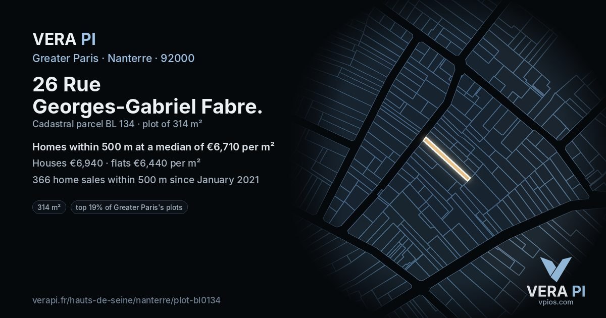 26 Rue Georges-Gabriel Fabre, Nanterre at night – the plot lit, the parcels around coloured by the prices near them