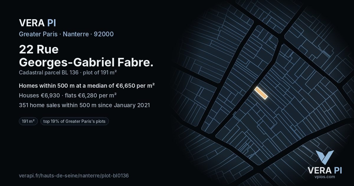 22 Rue Georges-Gabriel Fabre, Nanterre at night – the plot lit, the parcels around coloured by the prices near them