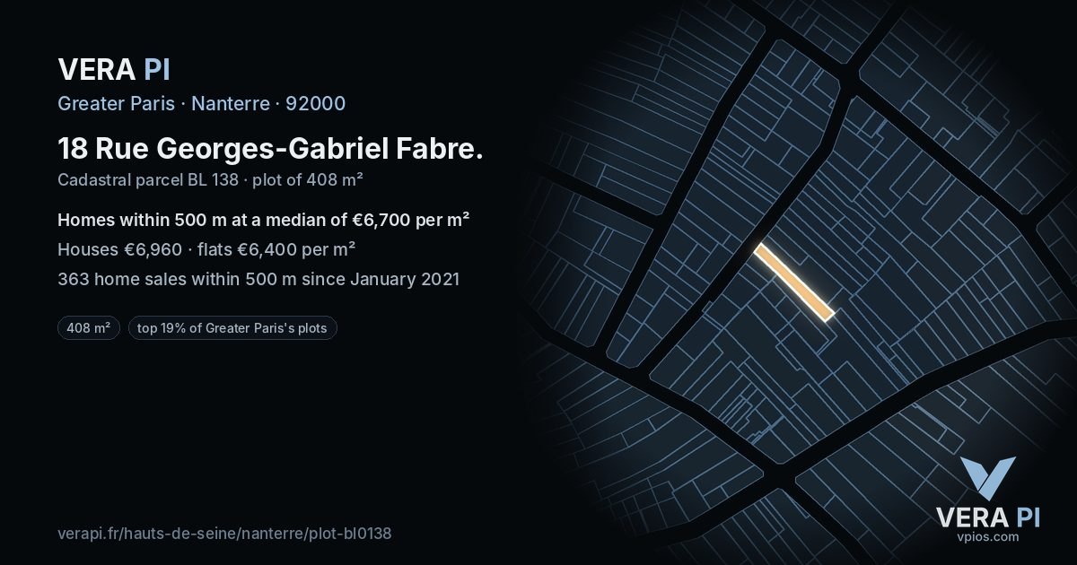18 Rue Georges-Gabriel Fabre, Nanterre at night – the plot lit, the parcels around coloured by the prices near them