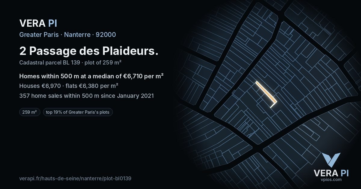 2 Passage des Plaideurs, Nanterre at night – the plot lit, the parcels around coloured by the prices near them