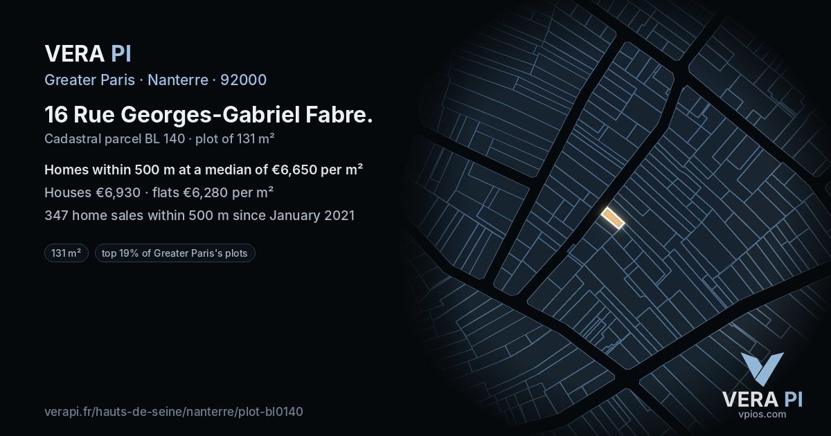 16 Rue Georges-Gabriel Fabre, Nanterre at night – the plot lit, the parcels around coloured by the prices near them