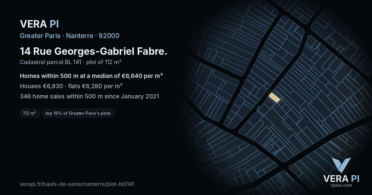 14 Rue Georges-Gabriel Fabre, Nanterre at night – the plot lit, the parcels around coloured by the prices near them