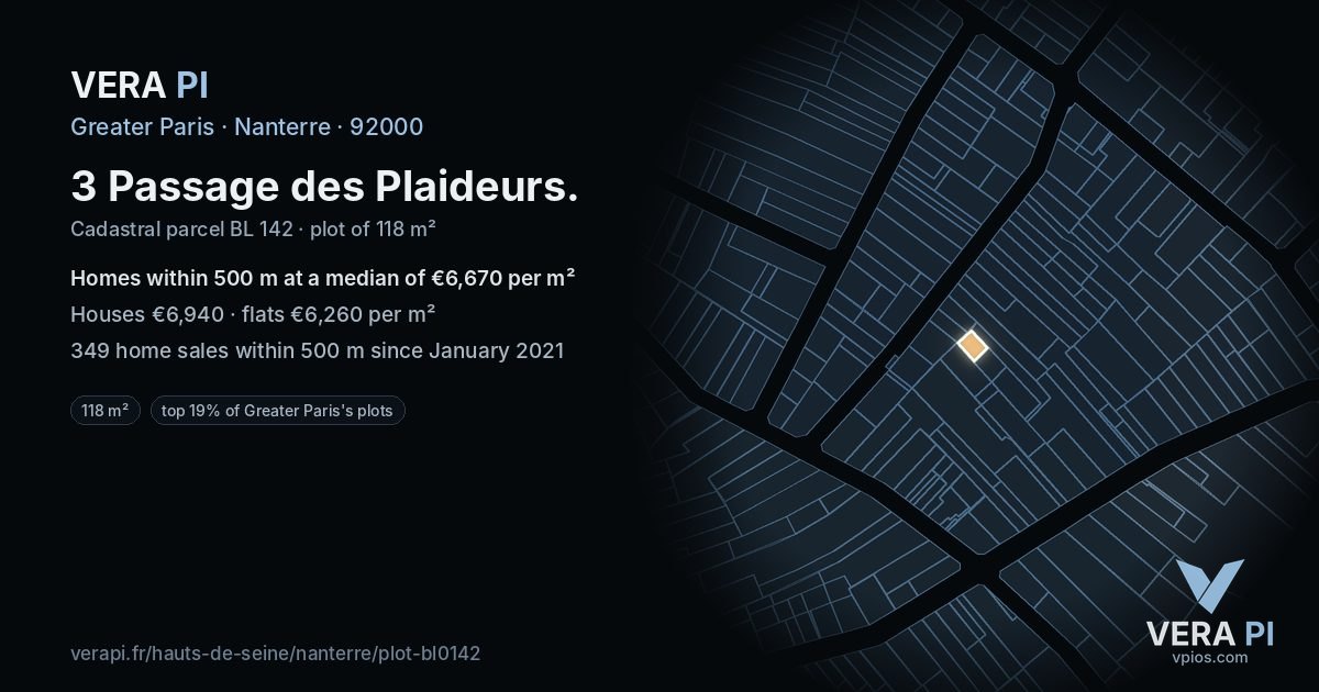 3 Passage des Plaideurs, Nanterre at night – the plot lit, the parcels around coloured by the prices near them