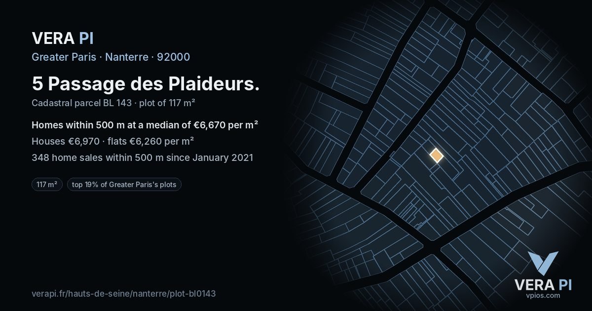5 Passage des Plaideurs, Nanterre at night – the plot lit, the parcels around coloured by the prices near them