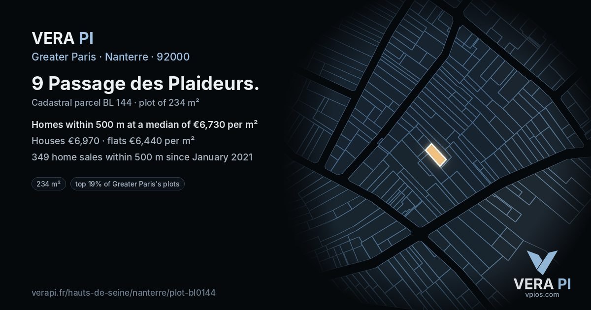 9 Passage des Plaideurs, Nanterre at night – the plot lit, the parcels around coloured by the prices near them