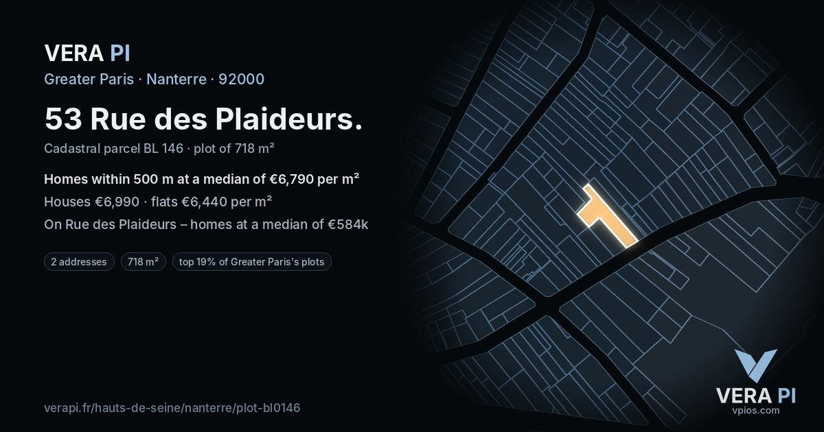 53 Rue des Plaideurs, Nanterre at night – the plot lit, the parcels around coloured by the prices near them