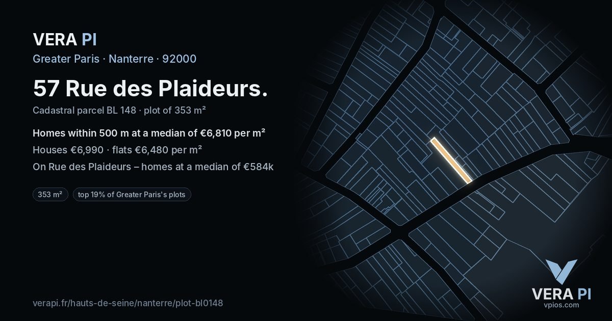 57 Rue des Plaideurs, Nanterre at night – the plot lit, the parcels around coloured by the prices near them
