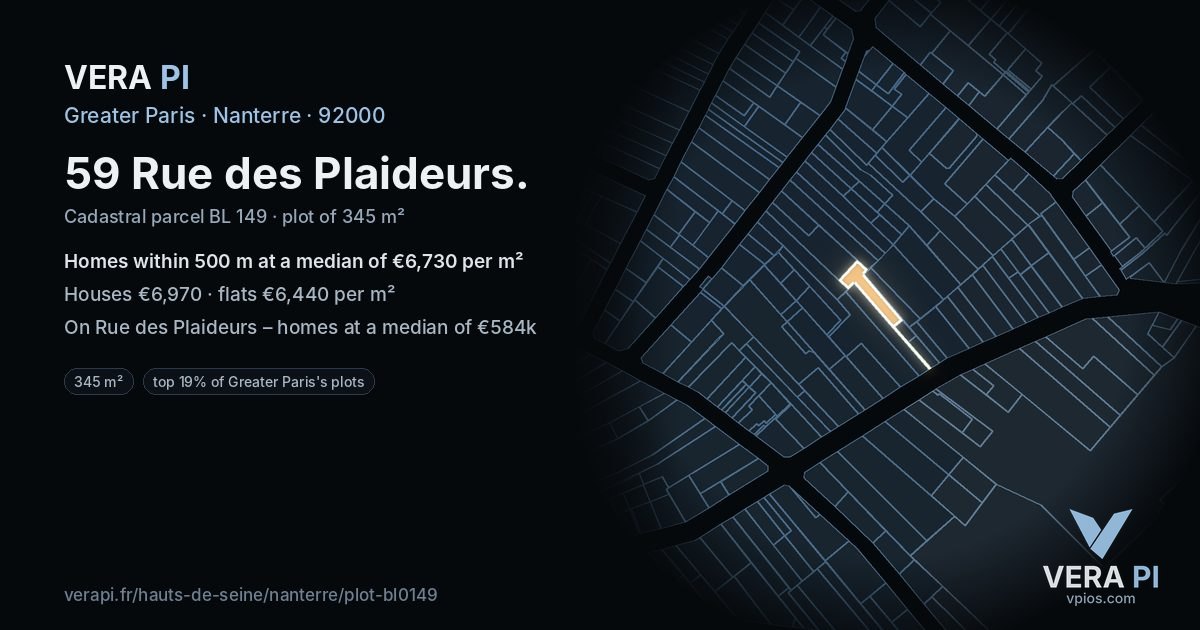 59 Rue des Plaideurs, Nanterre at night – the plot lit, the parcels around coloured by the prices near them