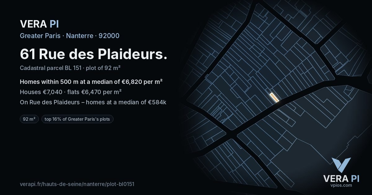 61 Rue des Plaideurs, Nanterre at night – the plot lit, the parcels around coloured by the prices near them