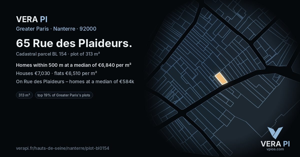 65 Rue des Plaideurs, Nanterre at night – the plot lit, the parcels around coloured by the prices near them