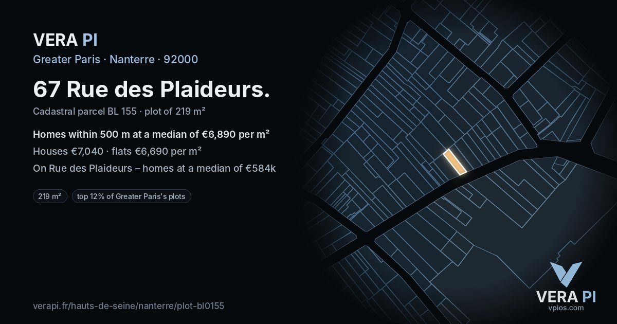 67 Rue des Plaideurs, Nanterre at night – the plot lit, the parcels around coloured by the prices near them