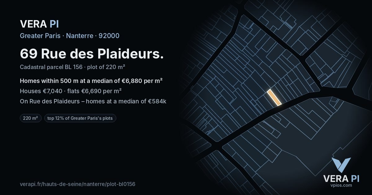 69 Rue des Plaideurs, Nanterre at night – the plot lit, the parcels around coloured by the prices near them