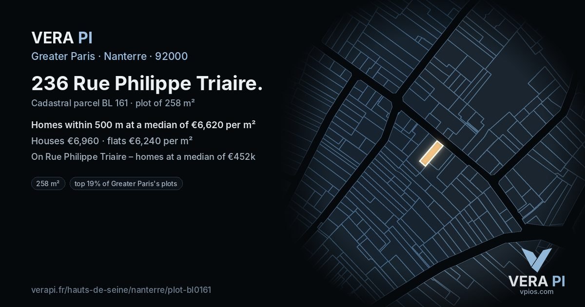 236 Rue Philippe Triaire, Nanterre at night – the plot lit, the parcels around coloured by the prices near them